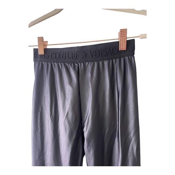 Versace Jeans Couture Logo Elastic Waist High Rise Shiny Leggings Black 38/ US 2 - Picture 6 of 13